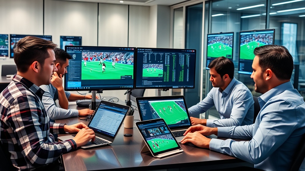 노트북과 태블릿으로 경기 데이터를 분석하고 있는 전문 분석팀의 장면