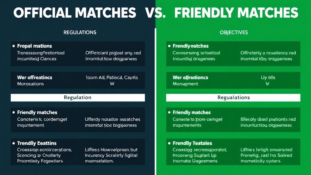 화면이 둘로 나뉘어 공식 경기와 친선 경기의 주요 특징을 대비하여 보여주는 시각 자료